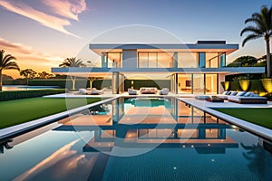 Modern Luxury Home Bathed in Warm Sunset Glow, Sprawling Manicured Lawn Leading to a Reflective Infinity Pool