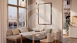 A modern luxury home dining room or restaurant dining area interior with a comfy corner couch