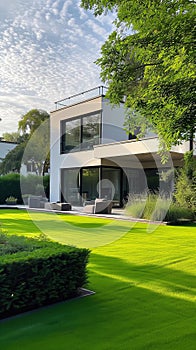 Modern luxury home expansive windows lush greenery contemporary suburban living