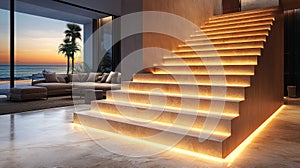 Modern luxury home interior with illuminated staircase and ocean view