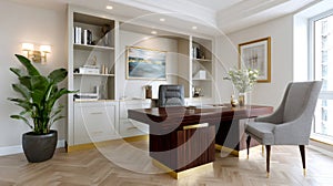 Modern luxury home office interior presenting executive workspace