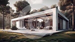 A modern luxury home with a swimming pool and sunset view generated by AI