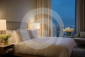 Modern luxury hotel bedroom interior with night city lights filtering through sheer curtains. minimalist elegance and