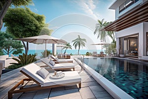 Modern and luxury Hotel lounge building architecture design concept, summer villa house residence and private with swimming pool