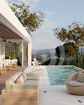 Modern luxury hotel pool lounge terrace exterior design with comfy sofa, beach chairs and pool