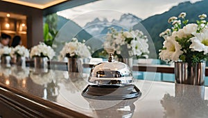 Modern luxury Hotel Reception Counter desk with Bell. Service Bell locating at reception. Silver Call Bell on table, Receptionists