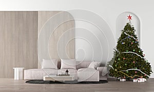 Modern luxury house and Christmas tree mock up and interior design of dinning room and wooden wall texture background