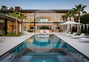 Modern luxury house featuring expansive glass walls and clean lines, complemented by a spacious