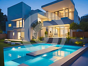 Modern luxury house with swimming pool. generative AI