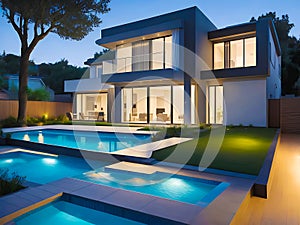 Modern luxury house with swimming pool. generative AI