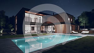 modern luxury house with a swimming pool at night, neural network generated image
