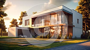 Modern luxury house, villa with panoramic windows in forest at sunset