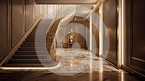 Modern luxury interior with marble stairs and lights. Hallway or Corridor concept