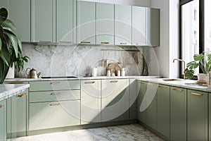 Modern, luxury kitchen with sage green counter cabinet with sink, induction, sunlight from window