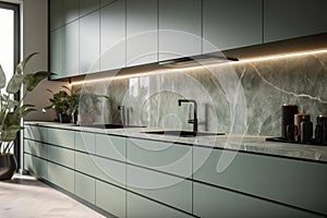 Modern, luxury kitchen with sage green counter cabinet with sink, induction, sunlight from window