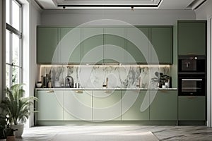 Modern, luxury kitchen with sage green counter cabinet with sink, induction, sunlight from window