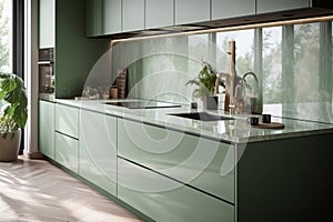 Modern, luxury kitchen with sage green counter cabinet with sink, induction, sunlight from window