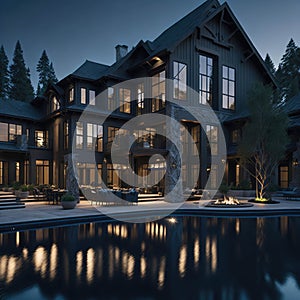 Modern Luxury Large Family House With Swiming Pool and Outdoor Fire Pit, Generative AI