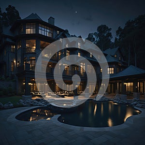 Modern Luxury Large Family House With Swiming Pool and Outdoor Fire Pit, Generative AI