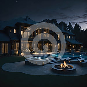 Modern Luxury Large Family House With Swiming Pool and Outdoor Fire Pit, Generative AI