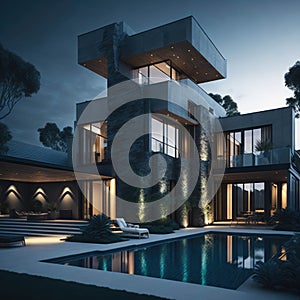 Modern Luxury Large Family House With Swiming Pool and Outdoor Fire Pit, Generative AI