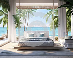 Modern luxury light bedroom in tropical style.