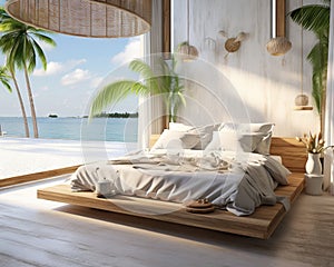 Modern luxury light bedroom in tropical style.