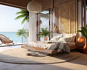 Modern luxury light bedroom in tropical style.