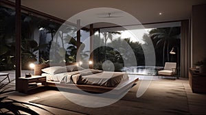 Modern luxury light bedroom in tropical style. AI generated.