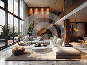 Modern luxury living room interior with large windows, high ceilings, and open floor plan photo