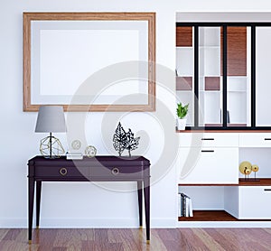 Modern luxury living room interior background with mock up empty poster frame, 3D Rendering