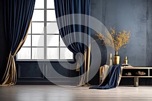 Modern luxury living room interior, dark navy blue colors, decorated table, window dark curtains, generative AI