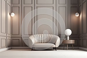 Modern luxury living room interior, neutral beige colors, stylish light grey sofa, generative AI