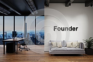 Modern luxury loft with skyline view and single vintage couch, wall with founder lettering, 3D Illustration