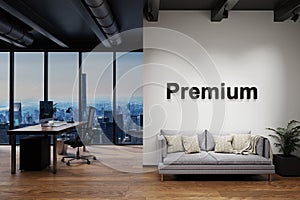 Modern luxury loft with skyline view and vintage couch and pc workspace, wall with premium lettering, 3D Illustration