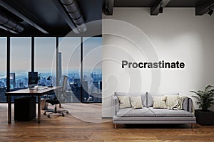 Modern luxury loft with skyline view and vintage couch and pc workspace, wall with procrastination lettering, 3D Illustration