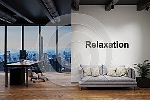 Modern luxury loft with skyline view and vintage couch and pc workspace, wall with relaxation lettering, 3D Illustration