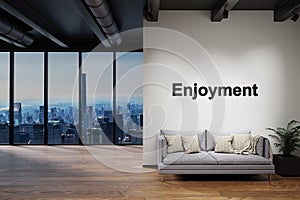 Modern luxury loft with skyline view and vintage couch, wall with enjoyment lettering, 3D Illustration