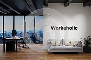 Modern luxury loft with skyline view and vintage couch, wall with workaholic lettering, 3D Illustration