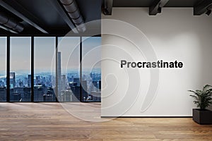 Modern luxury loft with skyline view and wall with procrastinate lettering, 3D Illustration