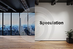 Modern luxury loft with skyline view and wall with speculation lettering, 3D Illustration