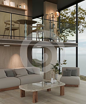 Modern and luxury lounge with mezzanine interior design with a cosy couch, a coffee table, and decor