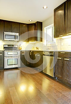 Modern luxury new dark brown and white kitchen.