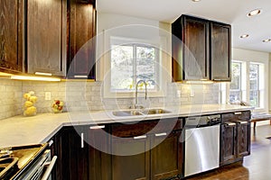 Modern luxury new dark brown and white kitchen.