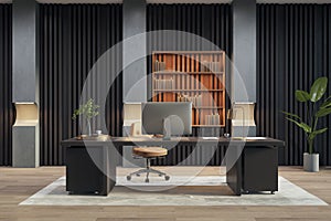 Modern luxury office interior with bookcase and other objects.