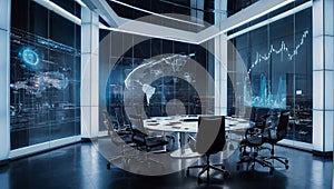 Modern luxury office space with video projections prepared for meeting. Business and team work concept.