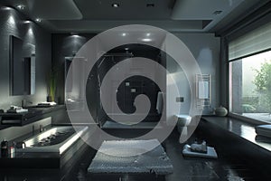 Modern luxury penthouse bathroom interior view bath bathtub apartment stylish design contemporary minimalism room villa