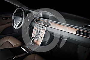 Modern luxury prestige car interior, dashboard, steering wheel