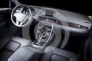 Modern luxury prestige car interior, dashboard, steering wheel