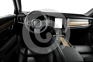 Modern luxury prestige car interior, dashboard, steering wheel. Black leather interior.